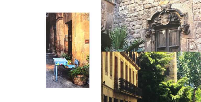 Dreiteilige Bildkomposition mit Ansichten aus Barcelona. Links ein kleiner, bunt bemalter Tisch in einer schmalen Gasse, rechts oben ein historisches Portal aus Stein und rechts unten eine von Bäumen gesäumte Häuserzeile mit Balkonen.