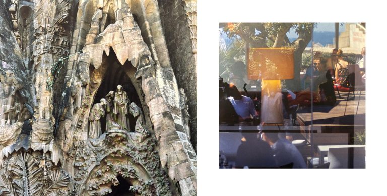 Zweiteilige Bildkomposition: Links ein reich verzierter Fassadenausschnitt der Sagrada Família mit einer Figurengruppe. Rechts spiegeln sich Menschen, das Meer und Bäume in einer Glasfassade und verbinden lässiges Stadtleben mit moderner Architektur.