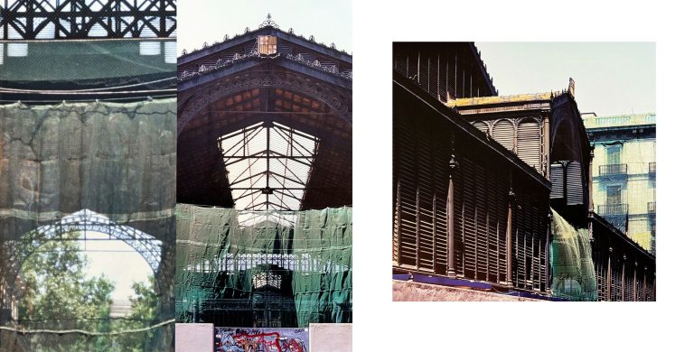 Dreiteilige Bildmontage einer historischen Markthalle in Barcelona. Die drei Fotografien zeigen unterschiedliche Ansichten der filigranen Eisenkonstruktion während einer Sanierung mit Gerüsten und Schutznetzen. Ornamentierte Dachgiebel, Stahlträger und Fassadenelemente wechseln sich mit Blicken auf die umgebende Stadtarchitektur ab. Die Montage verdeutlicht die architektonische Vielfalt und den Charakter des denkmalgeschützten Bauwerks.