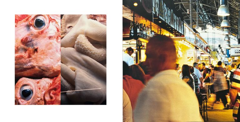 Dreiteilige Bildkomposition aus einer Markthalle in Barcelona. Links zeigen zwei Nahaufnahmen frischer Lebensmittel: abgezogene Tierköpfe mit glänzenden Augen sowie helle Tintenfische in einer Auslage. Rechts ist das lebhafte Innere der Markthalle mit zahlreichen Besucherinnen und Besuchern, beleuchteten Marktständen und der filigranen Eisenkonstruktion des Hallendachs zu sehen. Die Montage vermittelt die Vielfalt, Dynamik und Atmosphäre eines traditionellen Lebensmittelmarktes.