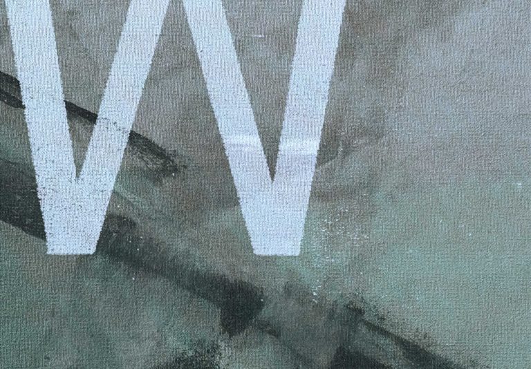 Ausschnitt des blassblauen Buchstabens „W“ auf grünlich strukturierter Oberfläche mit sichtbaren Farb- und Materialspuren.